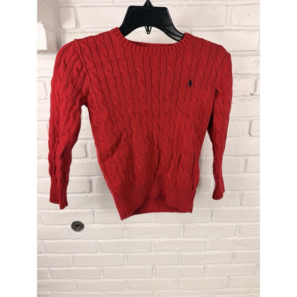 Polo Ralph Lauren Sweater Size 7 Boys Red Cable Knit Crewneck Pullover Cotton